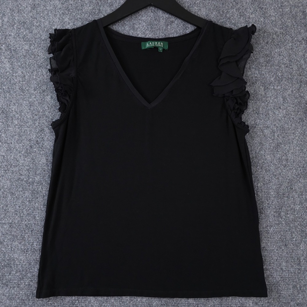 Lauren Ralph Lauren Shirt Womens Large Black Sheer Ruffle Cap‎ Sleeve V Neck Top
